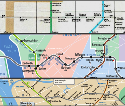 The L Line comparison (from the top): the Vignelli Map, the Kick Map, the current MTA Map