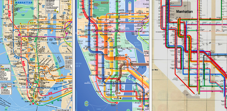 A comparison from left to right of the current MTA map, the Kick Map, and Vignelli's map